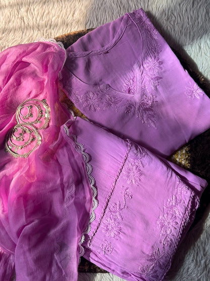 Modal Chikankari Farshi Shalwar Set with Chiffon Dupatta in 5 Colors