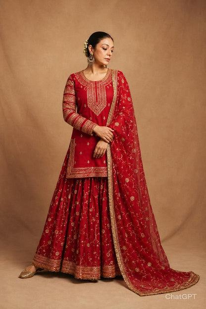 Red Designer Indo-Western Taffeta Silk Lehenga Set