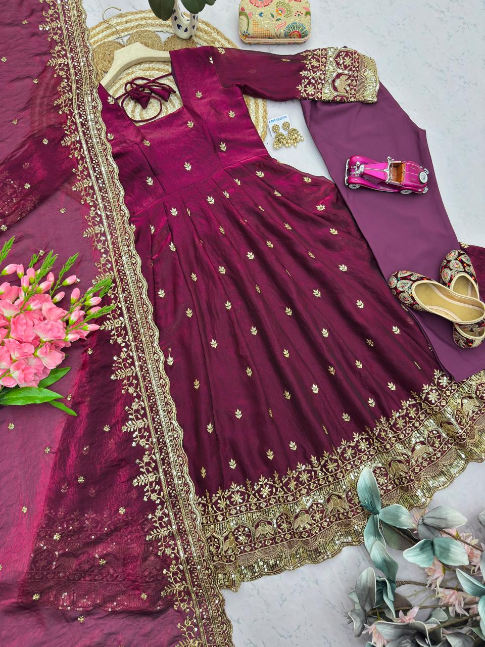 Wine Color Embroidered Sequins Fandy Silk Anarkali Gown Set with Dupatta