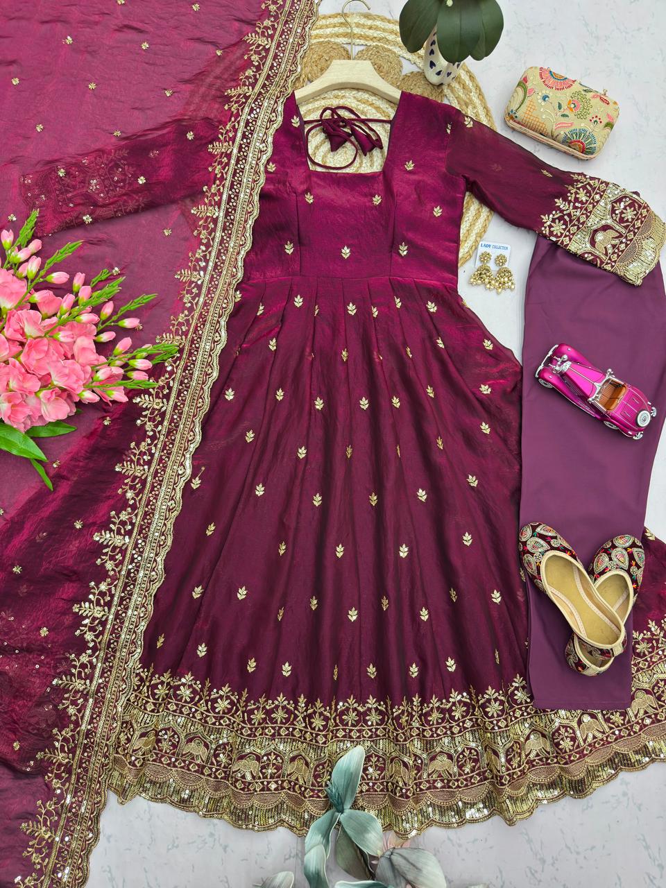Wine Color Embroidered Sequins Fandy Silk Anarkali Gown Set with Dupatta