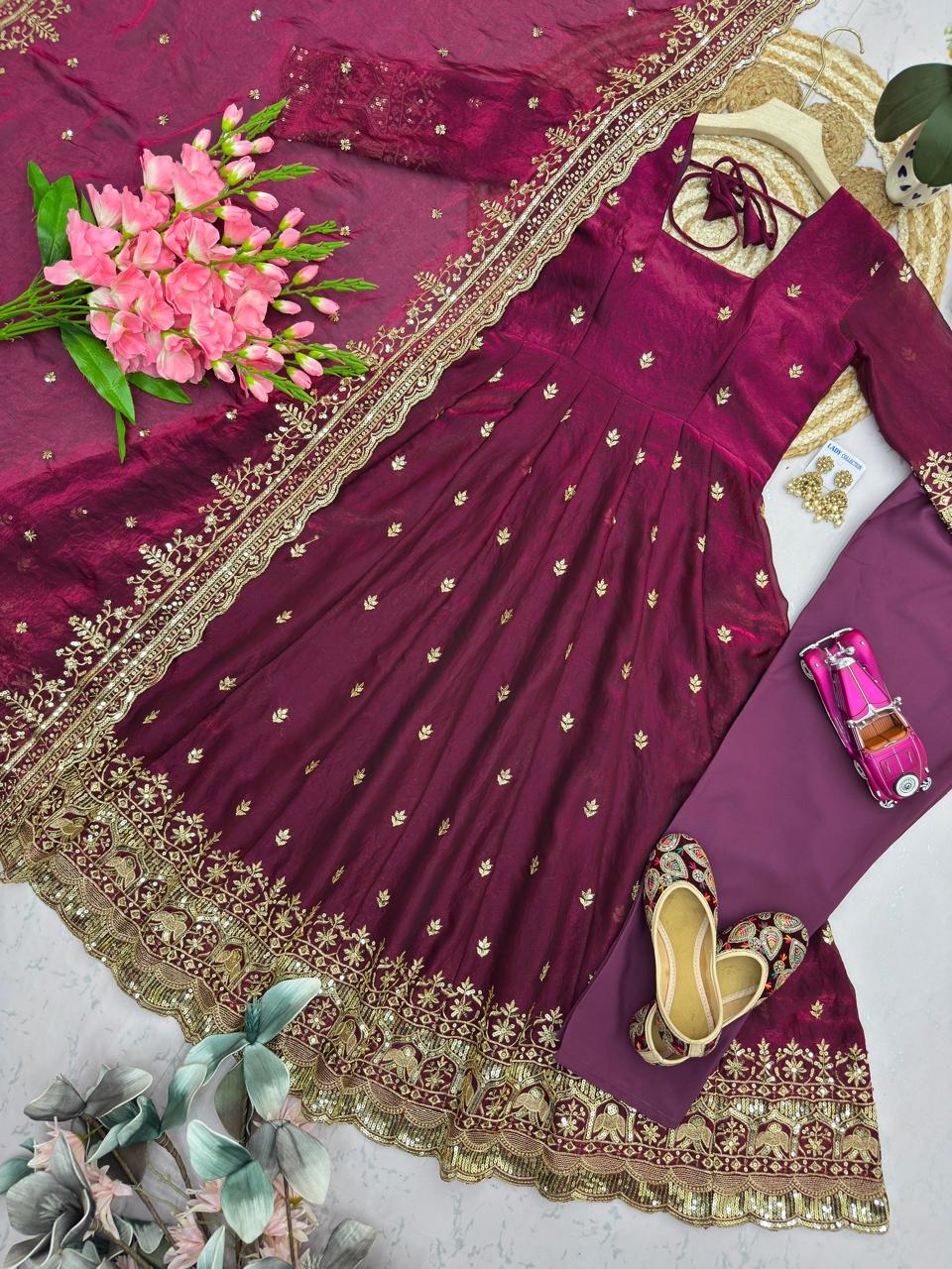 Wine Color Embroidered Sequins Fandy Silk Anarkali Gown Set with Dupatta