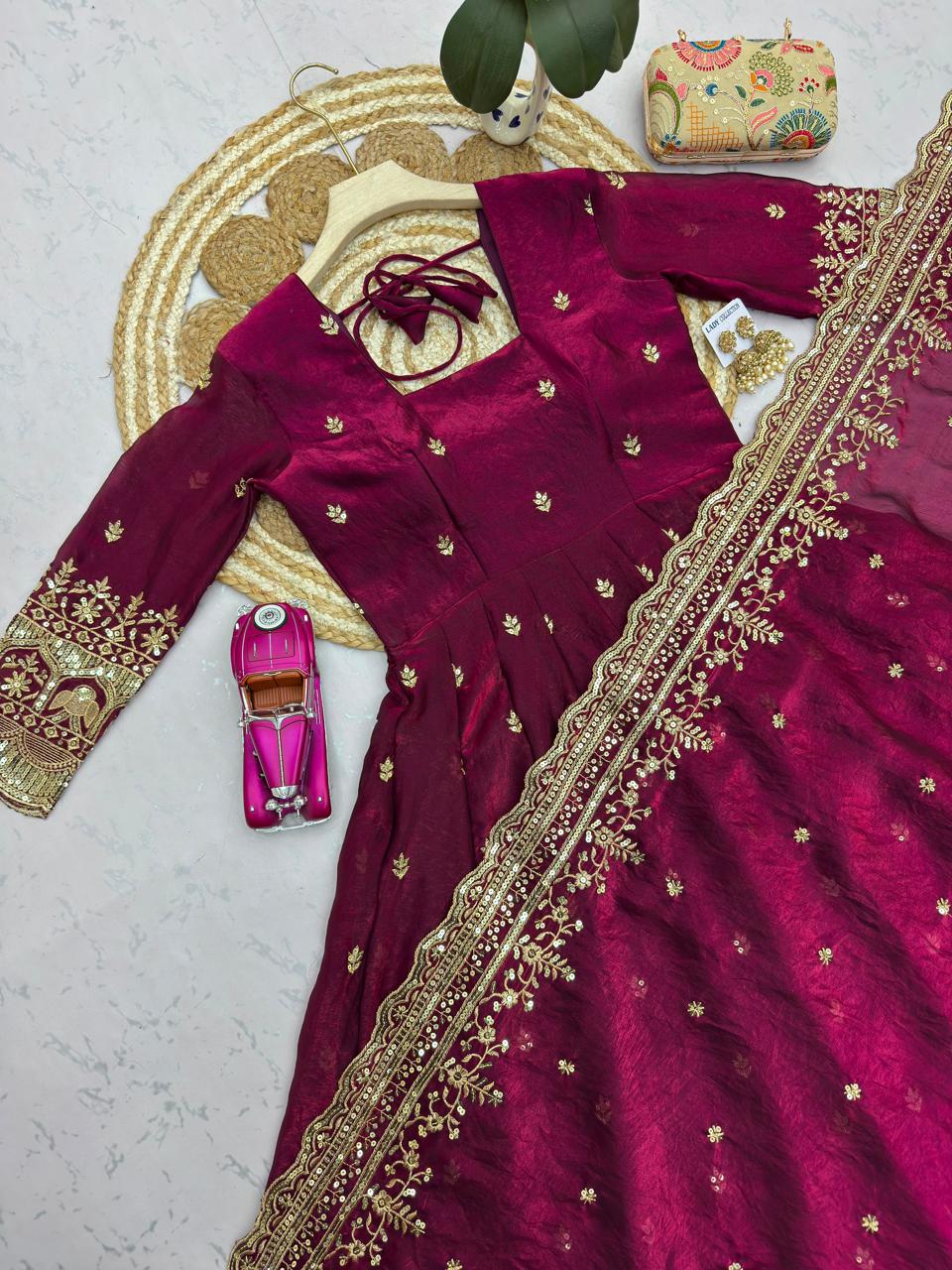 Wine Color Embroidered Sequins Fandy Silk Anarkali Gown Set with Dupatta