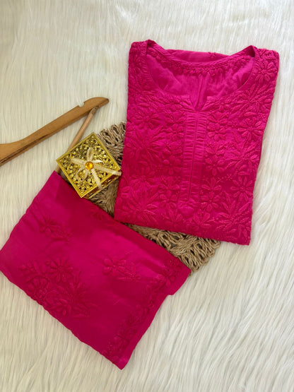 Hot Pink Lucknowi Chikankari Modal Cotton Kurta Palazzo Set with Dupatta