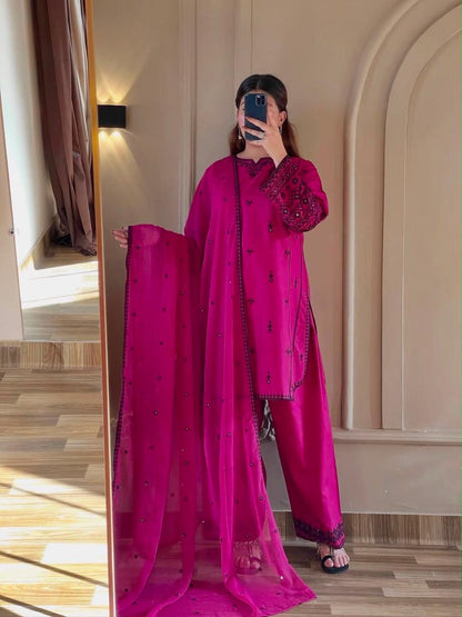 Deep Pink Embroidered Rayon Cotton Farshi Pant Suit Set (Limited Stock)