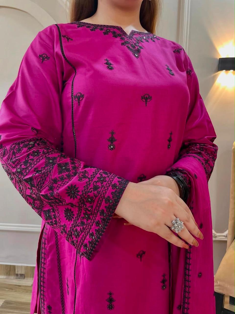 Deep Pink Embroidered Rayon Cotton Farshi Pant Suit Set (Limited Stock)
