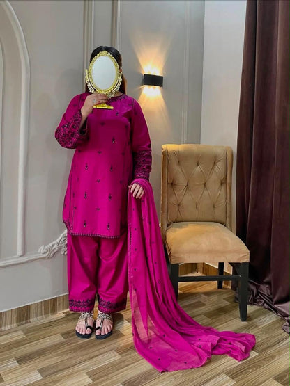 Deep Pink Embroidered Rayon Cotton Farshi Pant Suit Set (Limited Stock)