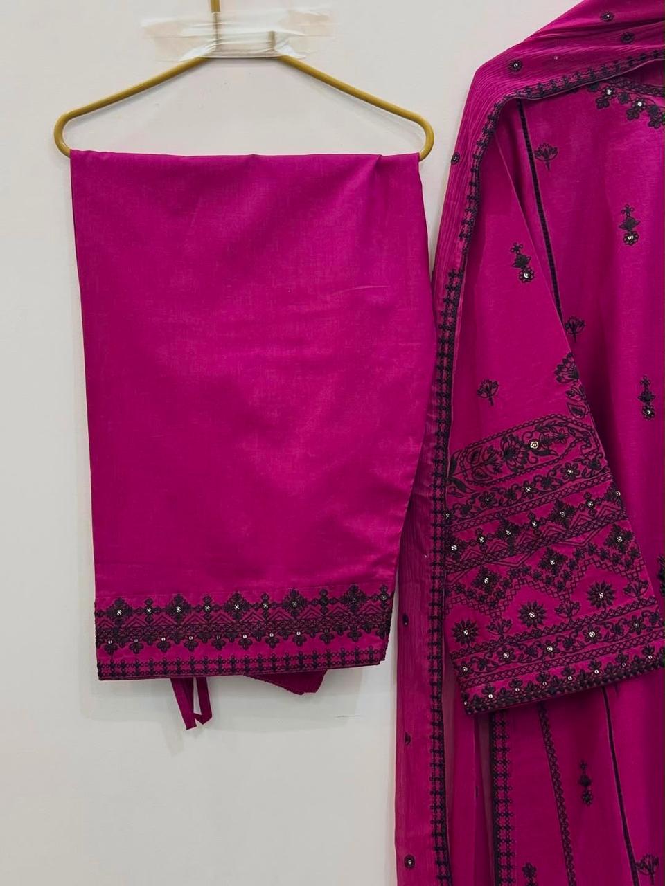 Deep Pink Embroidered Rayon Cotton Farshi Pant Suit Set (Limited Stock)