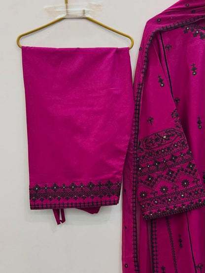 Deep Pink Embroidered Rayon Cotton Farshi Pant Suit Set (Limited Stock)
