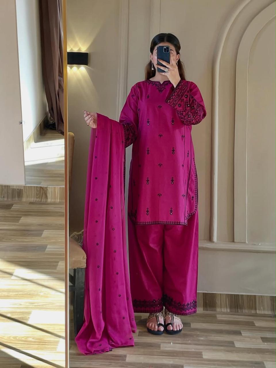 Deep Pink Embroidered Rayon Cotton Farshi Pant Suit Set (Limited Stock)