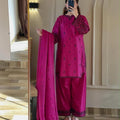 Deep Pink Embroidered Rayon Cotton Farshi Pant Suit Set (Limited Stock)