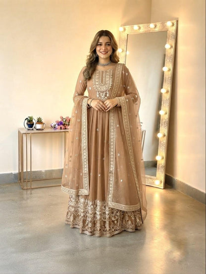Antique Caramel Gold Embroidered Georgette Gown Set with Dupatta