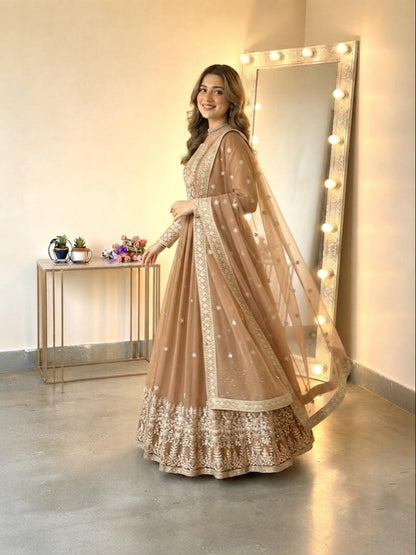 Antique Caramel Gold Embroidered Georgette Gown Set with Dupatta