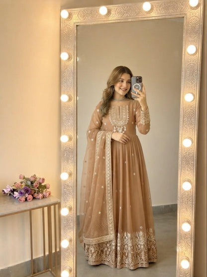 Antique Caramel Gold Embroidered Georgette Gown Set with Dupatta