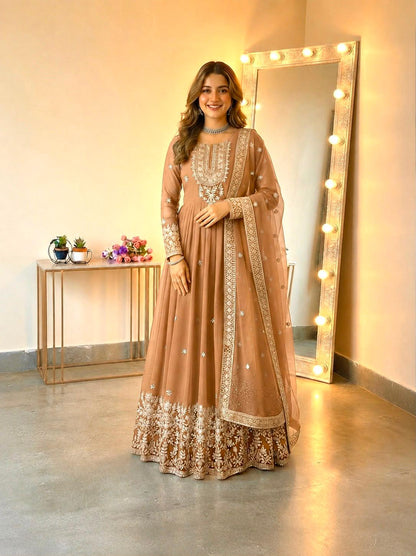 Antique Caramel Gold Embroidered Georgette Gown Set with Dupatta