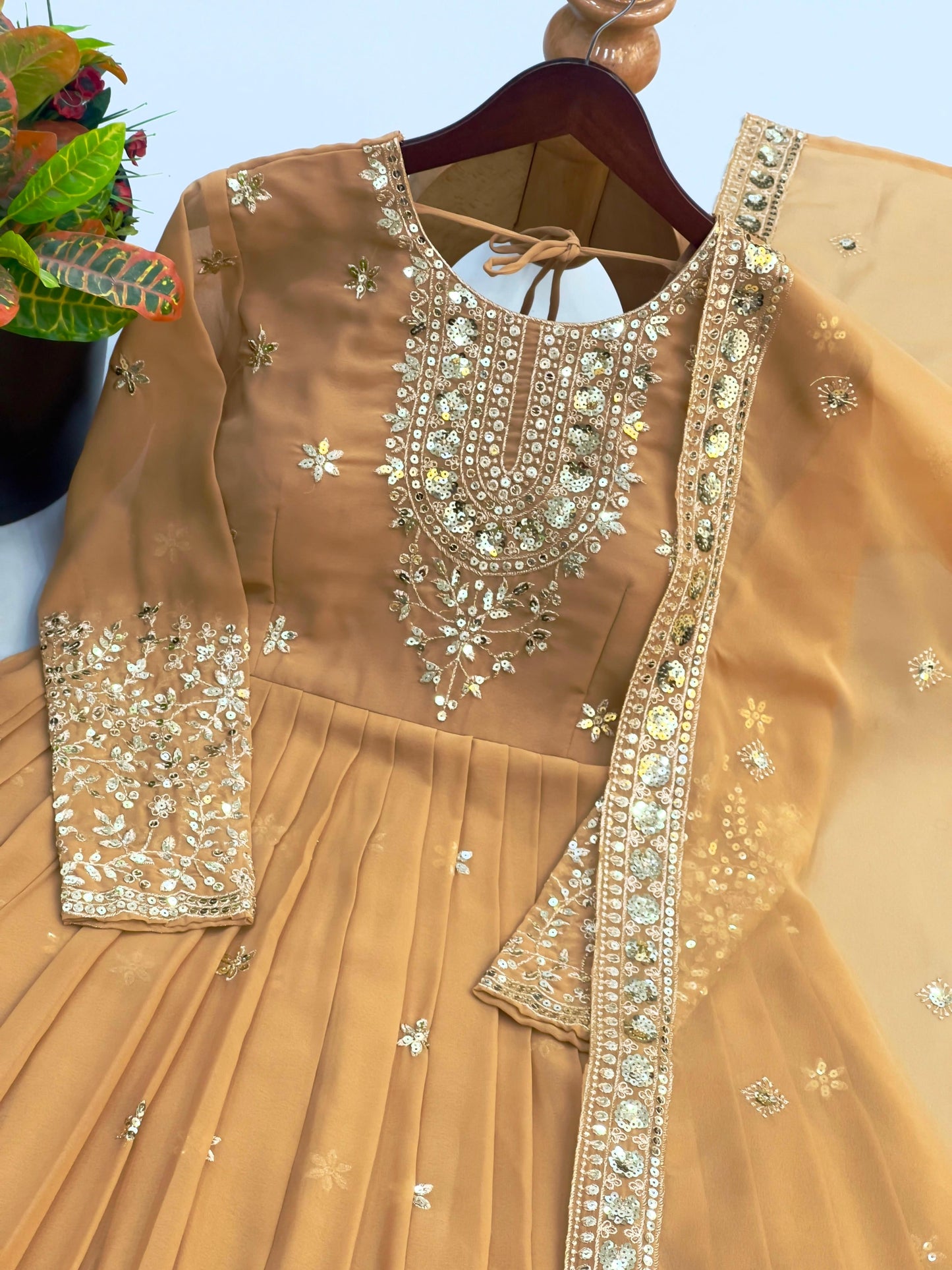 Antique Caramel Gold Embroidered Georgette Gown Set with Dupatta
