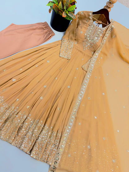Antique Caramel Gold Embroidered Georgette Gown Set with Dupatta
