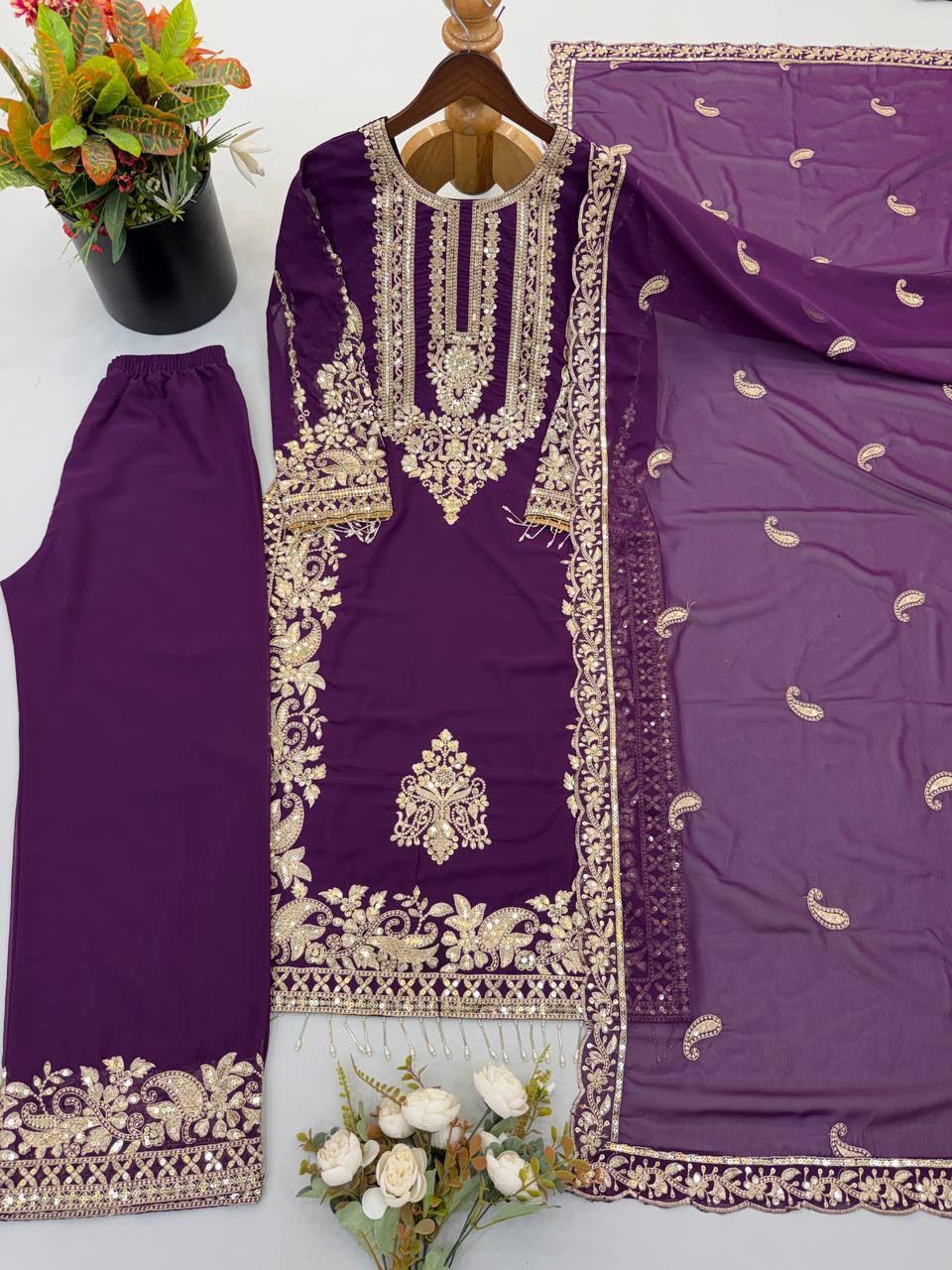 Purple Heavy Faux Georgette Embroidered Sequin Top Palazzo Dupatta Set