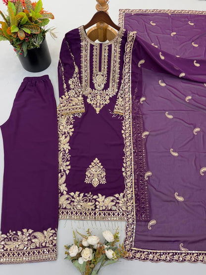 Purple Heavy Faux Georgette Embroidered Sequin Top Palazzo Dupatta Set