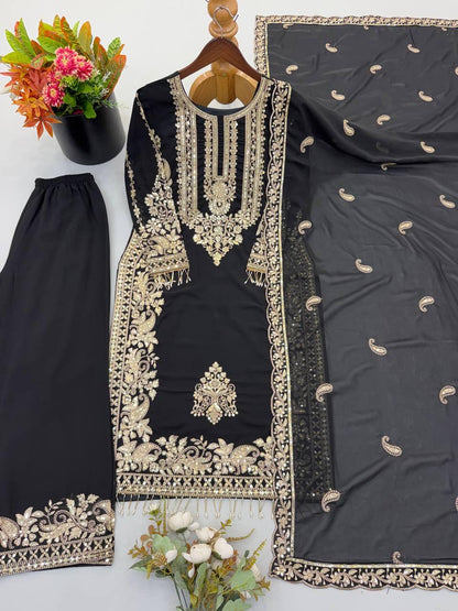 Black Heavy Faux Georgette Embroidered Sequin Top Palazzo Dupatta Set