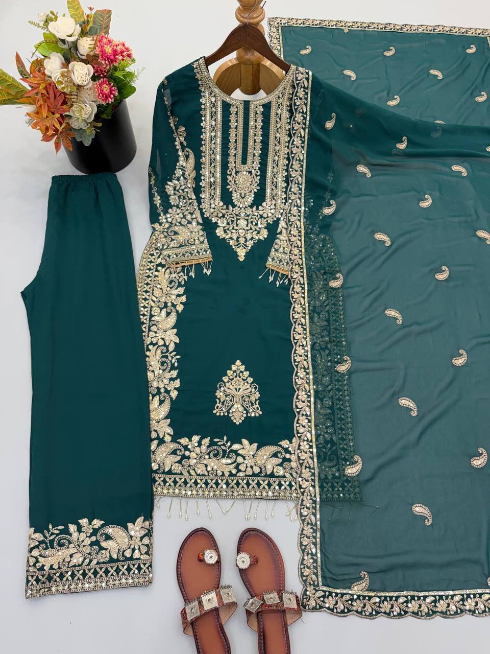 Teal Green Heavy Faux Georgette Embroidered Sequin Top Palazzo Dupatta Set