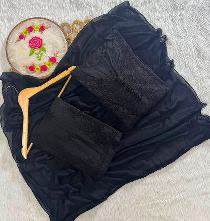 Black Dobby Cotton Chikankari Kurti Palazzo Dupatta Set – Plus Size