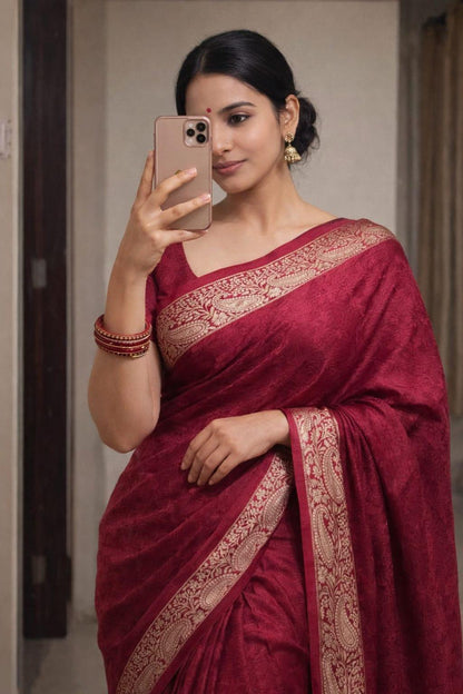 Wine Red Viscose Chinon Woven Saree with Dola Banarasi Silk Blouse