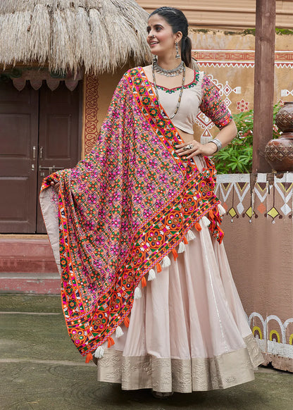 Beige Viscose Rayon Navratri Garba Chaniya Choli with Heavy Work Dupatta