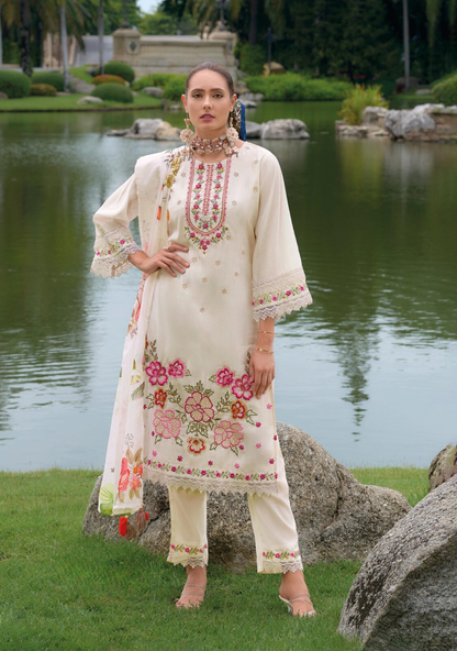 White Pakistani Style Salwar Kameez Dupatta Set with Organza Dupatta