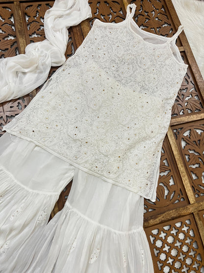 White Handcrafted Lucknow Chikankari Strappy Gharara Set (New)