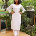 White Exquisite Lucknow Chikankari Kurti Set with Mukesh Work