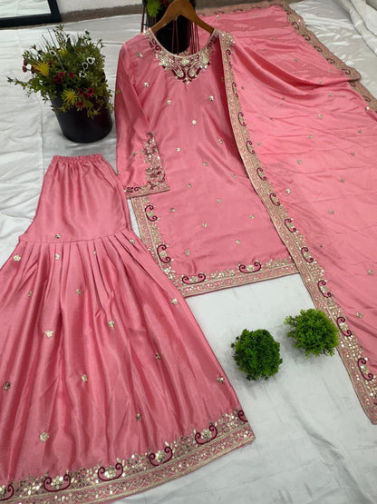 Designer Chinon Silk Pink Sharara Set with Sequin Work