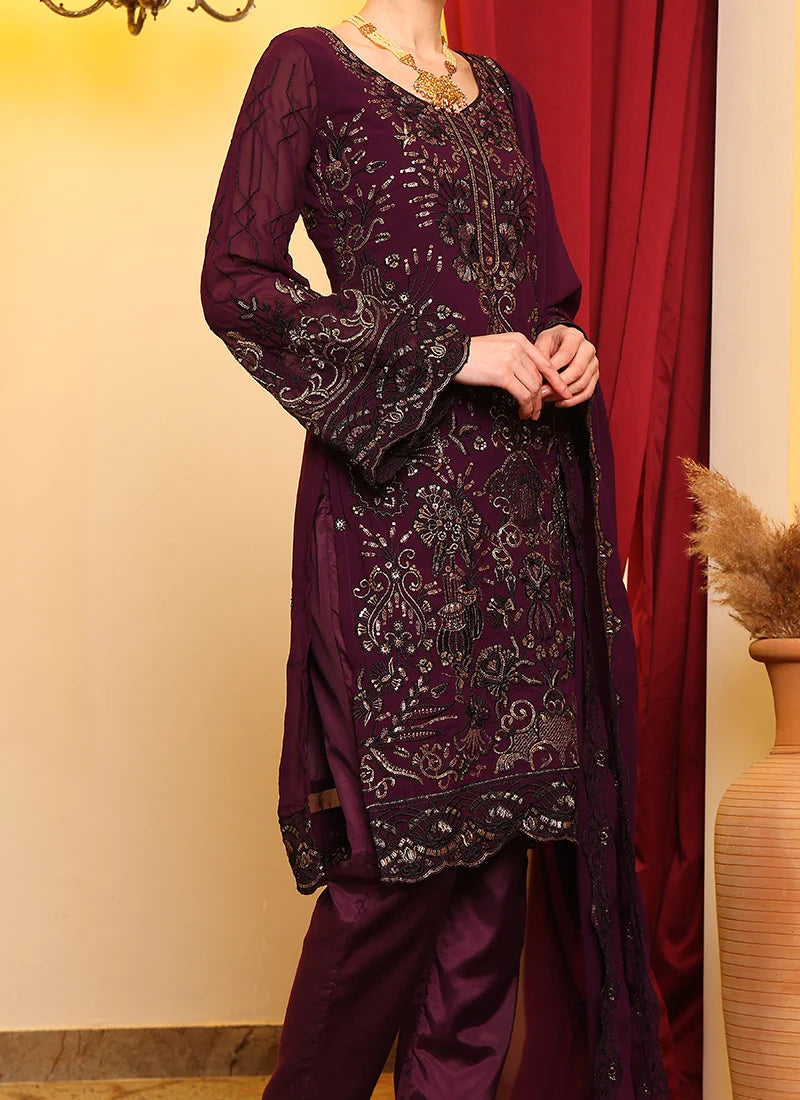 Wine Color Pakistani Salwar Suit with Sequins & Zari Work