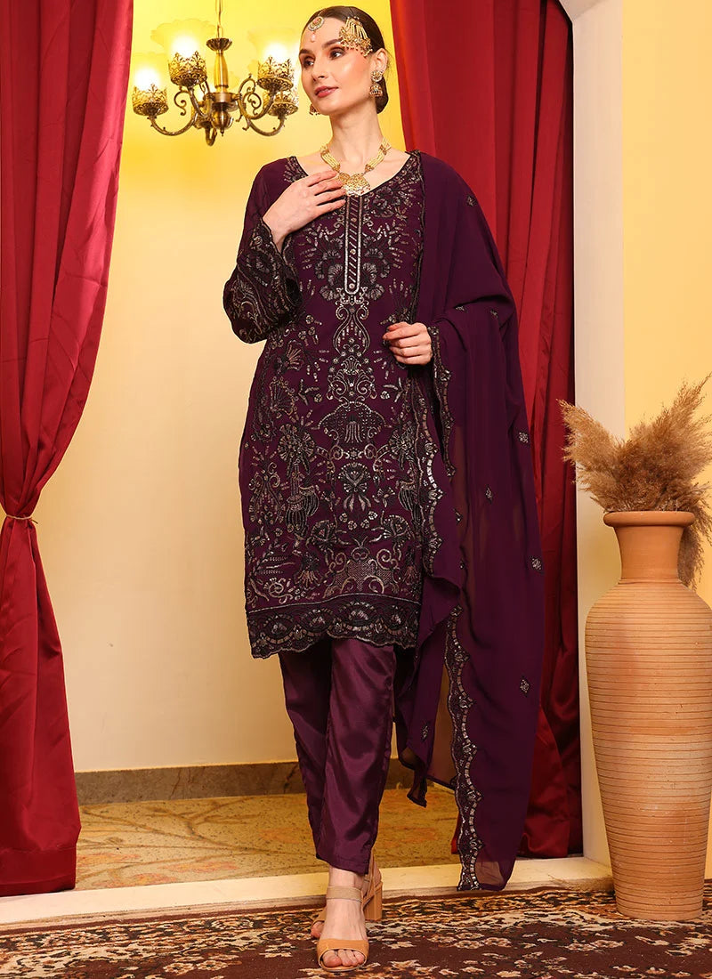 Wine Color Pakistani Salwar Suit with Sequins & Zari Work