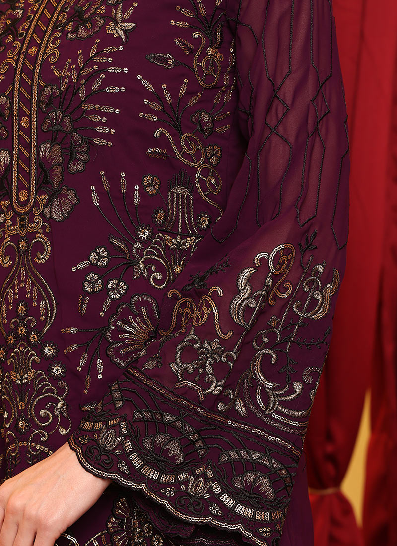 Wine Color Pakistani Salwar Suit with Sequins & Zari Work