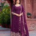 Wine Exquisite Faux Georgette Gown with Thread & Sequin Work, Pant & Dupatta Set