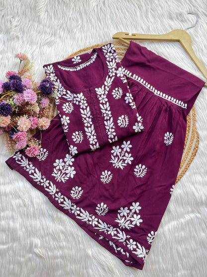 Wine Premium Kurti & Gharara Co-ord Set – Lucknow Chikankari Handwork