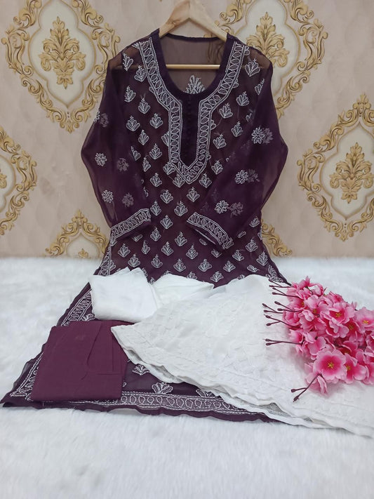 Wine Lucknawi Chikankari Georgette Full Jaal Sharara 4 Pc Set