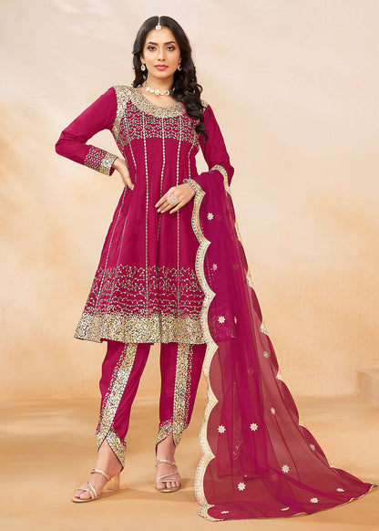 Wine Dhoti Style Punjabi Salwar Suit with Zari & Sequins Embroidery