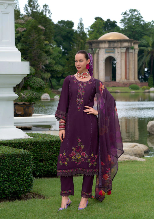 Wine Color Pakistani Style Salwar Kameez Dupatta Set with Organza Dupatta