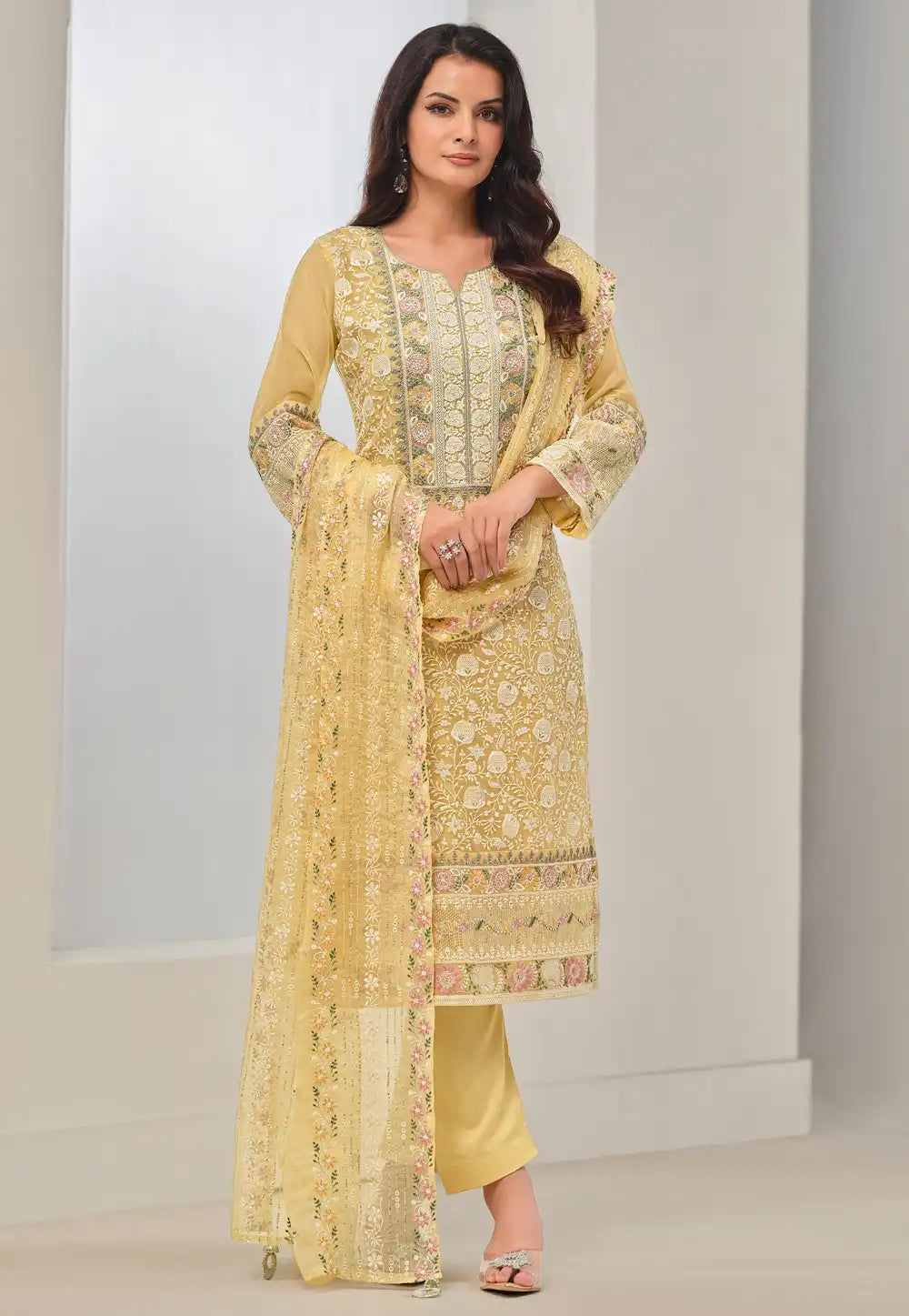 Yellow Elegant Organza Pakistani Salwar Suit Set with Resham and Sequins Work