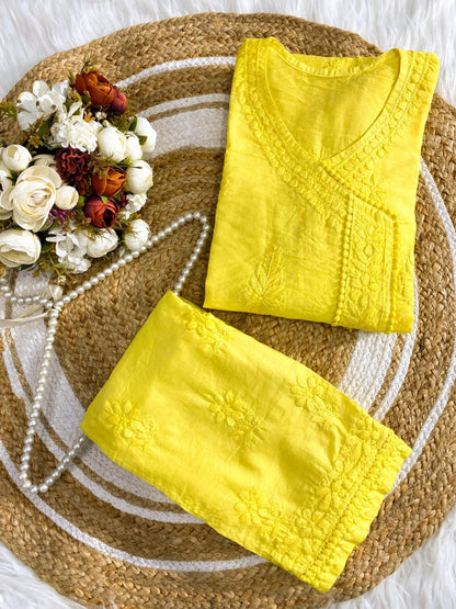 Premium Yellow Chanderi Silk Lucknow Chikankari Kurti & Lace Pant Set (NEW)