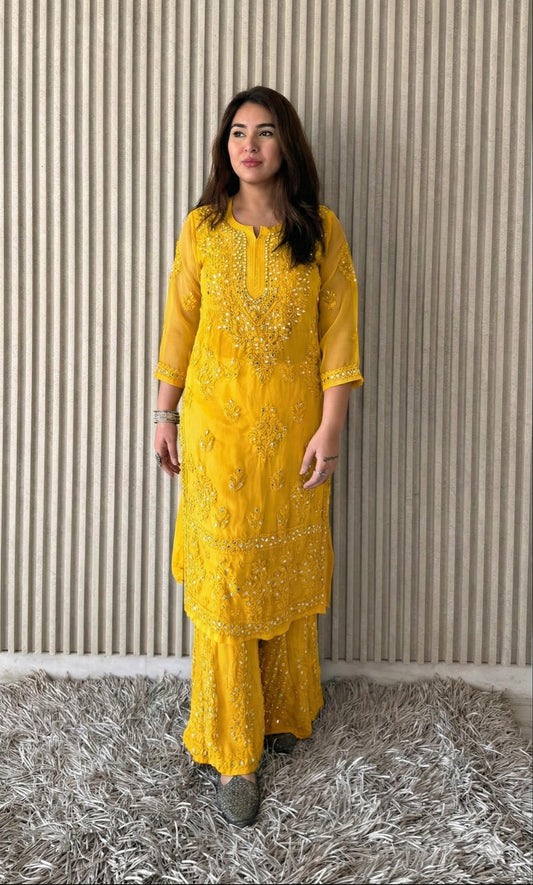 Yellow Elegant Chikankari Kurta Sharara Set with Dupatta