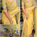 Yellow Designer Pearl Work Liquid Organza Saree Blouse Set
