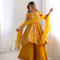 Yellow Roman silk Chanderi Print Kurta Set with Dupatta & Palazzo