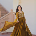 Mustard Yellow Fendi Fabric Gown for Women – Zari Sequins Work with Dupatta
