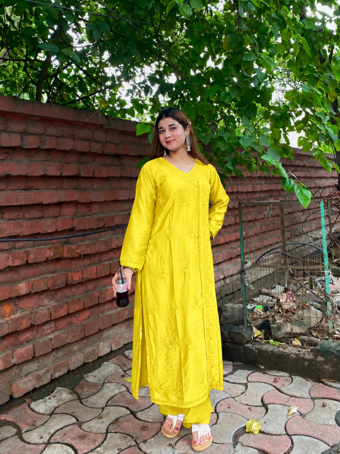 Premium Yellow Chanderi Silk Lucknow Chikankari Kurti & Lace Pant Set (NEW)