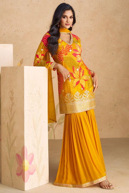 Summer Mustard Yellow Floral Ethnic Salwar Kameez Sharara with Dupatta