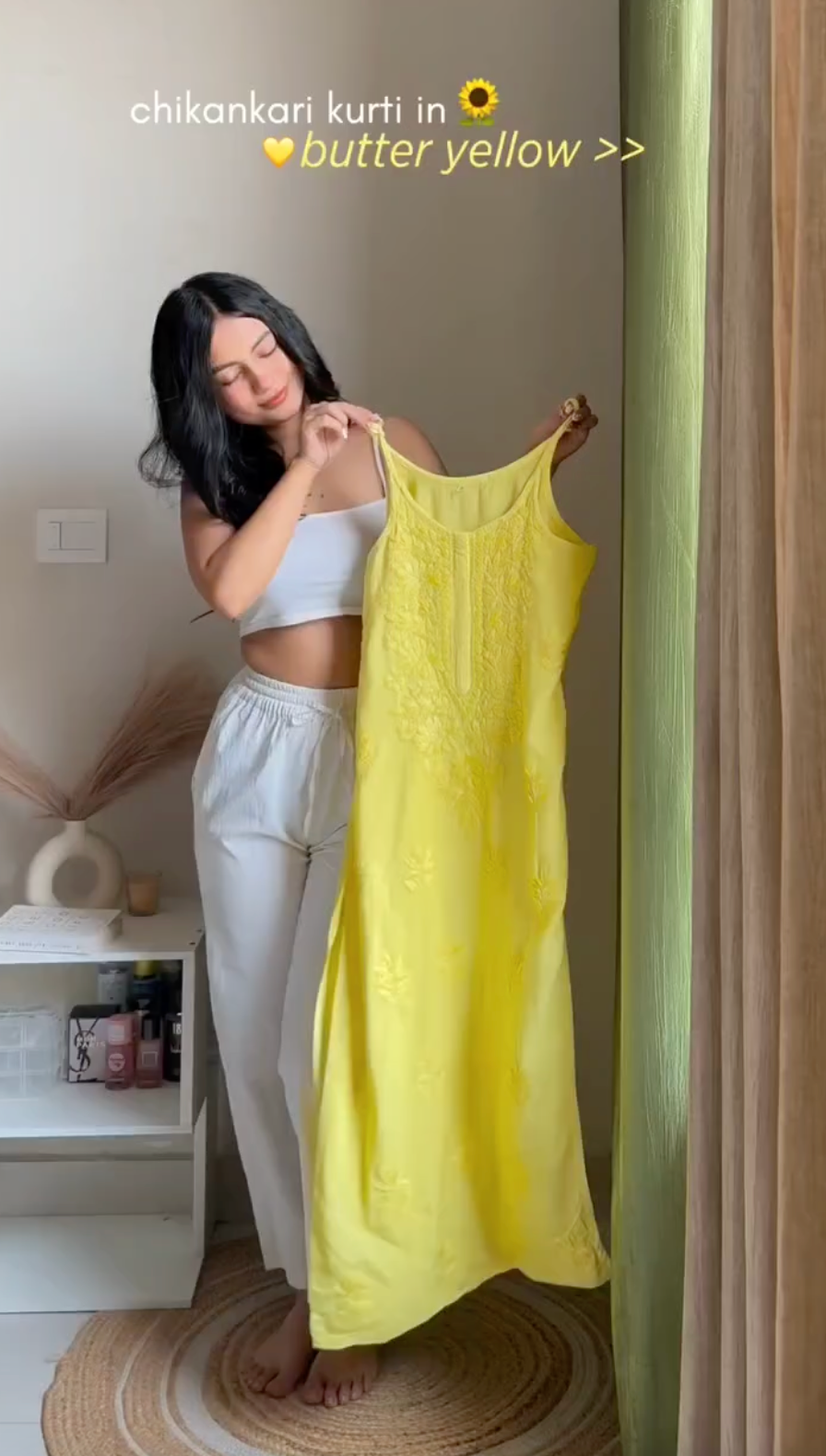 Yellow Lucknowi Chikankari Rayon Noodle Strap Kurti Set