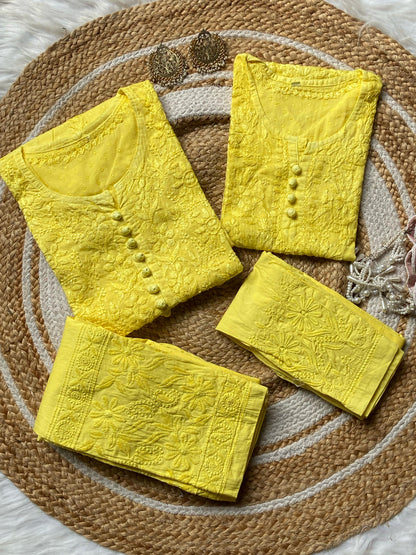 Yellow Mother-Daughter Chikankari Set Dobby Cotton Kurti & Lycra Stretchable Pant Co-ord Set