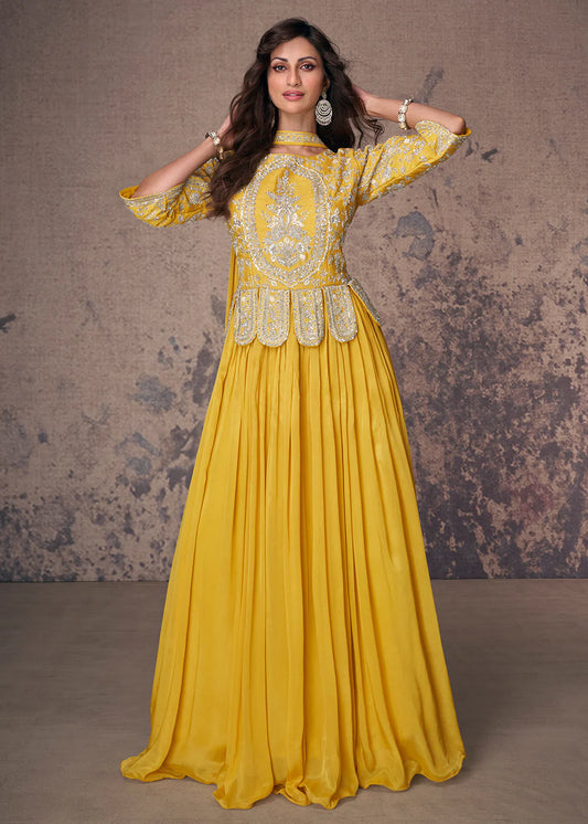 Yellow Designer Art Silk Embroidered Anarkali Suit – Wedding & Festive Outfit